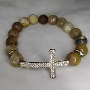 Stretchy Round Crystal & Stone Bead Bracelet with Bedazzled Rhinestone Cross